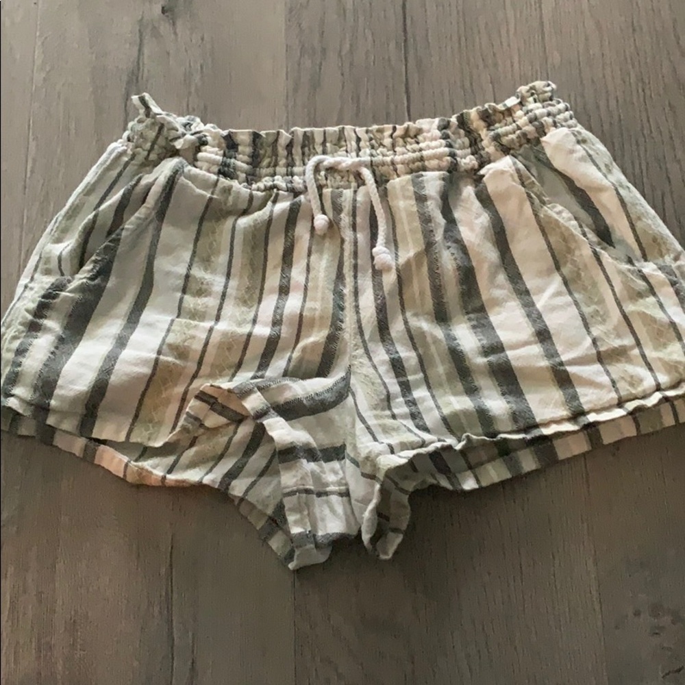 Green Striped Linen Shorts